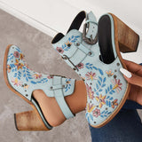 Goosudu Vintage Floral Embroidery Round Toe Ankle Boots