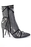 Goosudu Rhinestone & Rivet Design Striking Pointed Toe Ankle Boots