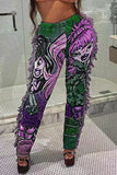 Goosudu Sexy Street Print Tassel Make Old Patchwork Straight High Waist Positioning Print Bottoms