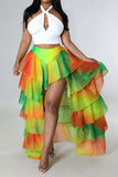 Goosudu Gradient Elegant Tiered Ruffle High Low Skirt