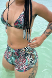 Goosudu Sexy Print Split Joint Draw String Swimwears