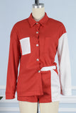 Goosudu Casual Solid Patchwork Buckle Turndown Collar Long Sleeve Two Pieces