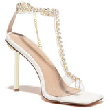 Goosudu T-Bar Strap Rhinestone Beaded Toe Ring Heels