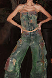 Goosudu Tie Dye Cool Denim Camisole & Multi Pocket Pants