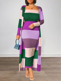 Goosudu Colorblock Ribbed Dress & Cardigan Set