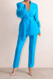 Goosudu Solid Color Feather Trim Elegant Belted Pant Suit