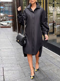 Goosudu Solid Ruched-Sleeve Shirt Dress