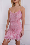 Goosudu Yvonne Sequin Feather Cocktail Dress