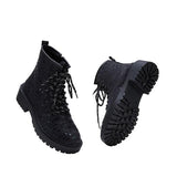 Goosudu Women Sexy Sequin Lace-Up Ankle Chunky Heel Boots