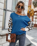 Goosudu Clearance Women's off Shoulder Knitted Color Block Sweater Leopard Print Sweater