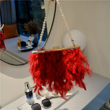 Goosudu Daily Party Patchwork Feathers Chains Pearl Bags