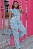 Goosudu Sleeveless Button Up Denim Jacket Wide Leg Pockets Jeans Matching Set