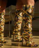 Goosudu Rhinestone Decor Luxe Patchwork Floral Jacquard Boots