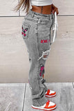 Goosudu Casual Street Print Ripped Split Joint Straight Denim Jeans