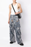 Goosudu Denim Print Boyish Multi Pocket Pants