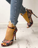 Goosudu Ethnic Print Peep Toe Ankle Strap Thin Heeled Sandals