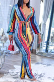 Goosudu Rainbow Striped Backless Belt Jumpsuit