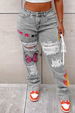 Goosudu Casual Street Print Ripped Split Joint Straight Denim Jeans