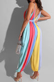 Goosudu Fashion Casual Rainbow Striped Suspender Jumpsuit (With Belt)