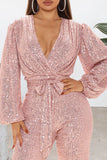 Goosudu Sexy V-neck Sequin Lace Up Long Sleeve Wide Leg Jumpsuit