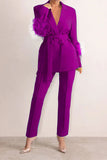 Goosudu Solid Color Feather Trim Elegant Belted Pant Suit