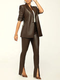 Goosudu Faux Leather Blazer & Slit Pants Set