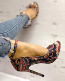 Goosudu Ethnic Print Peep Toe Ankle Strap Thin Heeled Sandals