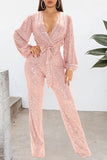 Goosudu Sexy V-neck Sequin Lace Up Long Sleeve Wide Leg Jumpsuit