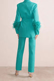 Goosudu Solid Color Feather Trim Elegant Belted Pant Suit