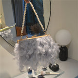 Goosudu Daily Party Patchwork Feathers Chains Pearl Bags