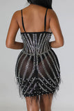 Goosudu Rhinestone & Beaded Decor Hot Tassel Trim See-Through Mini Dress