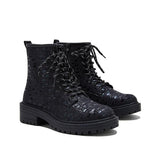 Goosudu Women Sexy Sequin Lace-Up Ankle Chunky Heel Boots