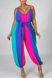 Goosudu Fashion Casual Rainbow Striped Suspender Jumpsuit (With Belt)