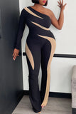 Goosudu Sexy Off Shoulder Colorblock Long Sleeve Wide Leg Jumpsuit