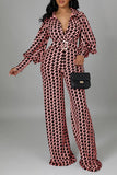 Goosudu OL Houndstooth Lantern Sleeve Belted Jumpsuit