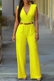 Goosudu Elegant Solid Color V Neck Belt Sleeveless Jumpsuits