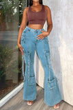 Goosudu Solid Color Classic Multi Pocket Bell Bottoms Jeans