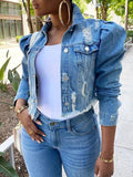 Goosudu Distressed Puff-Sleeve Denim Jacket