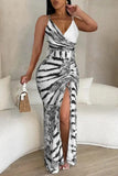 Goosudu Sexy Casual Print Backless Slit Spaghetti Strap Long Dress Dresses