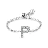 Goosudu Silver Letter A-Z Chain Ring Zirconia Diamond Adjustable