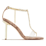 Goosudu T-Bar Strap Rhinestone Beaded Toe Ring Heels