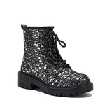 Goosudu Women Sexy Sequin Lace-Up Ankle Chunky Heel Boots