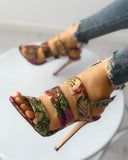 Goosudu Leaf Print Bandage Thin Heeled Sandals