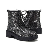 Goosudu Women Sexy Sequin Lace-Up Ankle Chunky Heel Boots