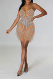 Goosudu Rhinestone & Beaded Decor Hot Tassel Trim See-Through Mini Dress