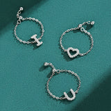 Goosudu Silver Letter A-Z Chain Ring Zirconia Diamond Adjustable