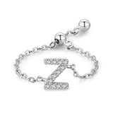 Goosudu Silver Letter A-Z Chain Ring Zirconia Diamond Adjustable