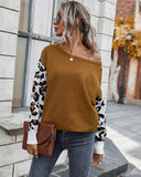 Goosudu Clearance Women's off Shoulder Knitted Color Block Sweater Leopard Print Sweater