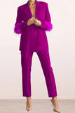 Goosudu Solid Color Feather Trim Elegant Belted Pant Suit