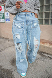 Goosudu Patchwork Ripped Burrs Cool Low Waist Jeans